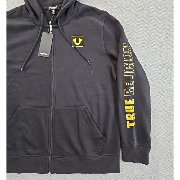 True Religion Full Zip Hoodie Men's XL NWT Black Long Sleeve Gold Sleeve - Picture 2 of 15